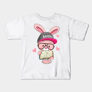 Cute smart bunny with glasses and a book Kids T-Shirt